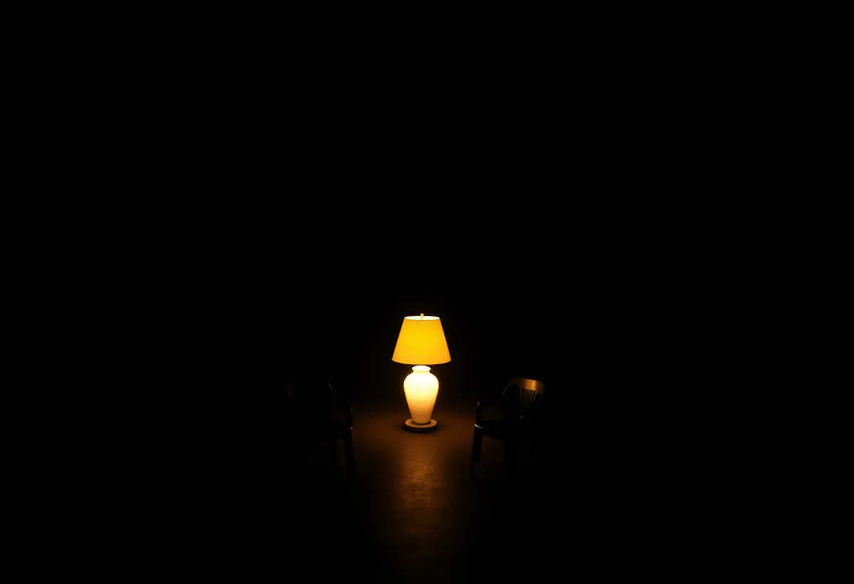 Two empty chairs facing each other in a dark studio, lit by a single lamp